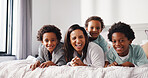 Portrait, mother and children in bedroom with laughing, love or brothers bonding together. African family, kids and single parent on bed of home for funny humor, happiness or connection in morning
