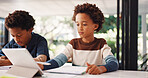 Tablet, homework and children in house with education, learning or studying for test together. Writing, book and boy kids with knowledge for school assignment, assessment or exam by desk in apartment