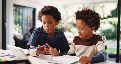 Buy stock photo Book, homework and children in house with education, learning or studying for test together. Writing, help and boy kids with knowledge for school assignment, assessment or exam by desk in apartment.