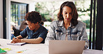 Woman, remote work and laptop with kid learning for proofreading, homework and education. Mother, pc and child writing for elearning assignment, review article and productivity of publication in home