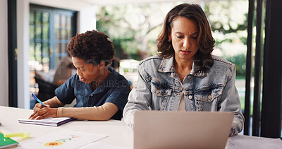 Buy stock photo Woman, remote work and laptop with kid learning for proofreading, homework and education. Mother, pc and child writing for elearning assignment, review article and productivity of publication in home