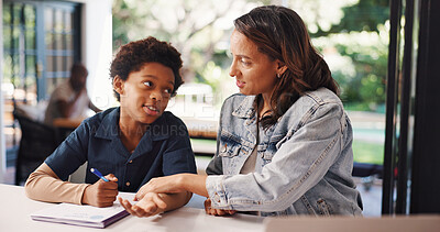 Buy stock photo Writing, books and mom with child in home for creative learning, development and knowledge. Interracial family, help and woman with kid with paper for education, studying and teaching for homework