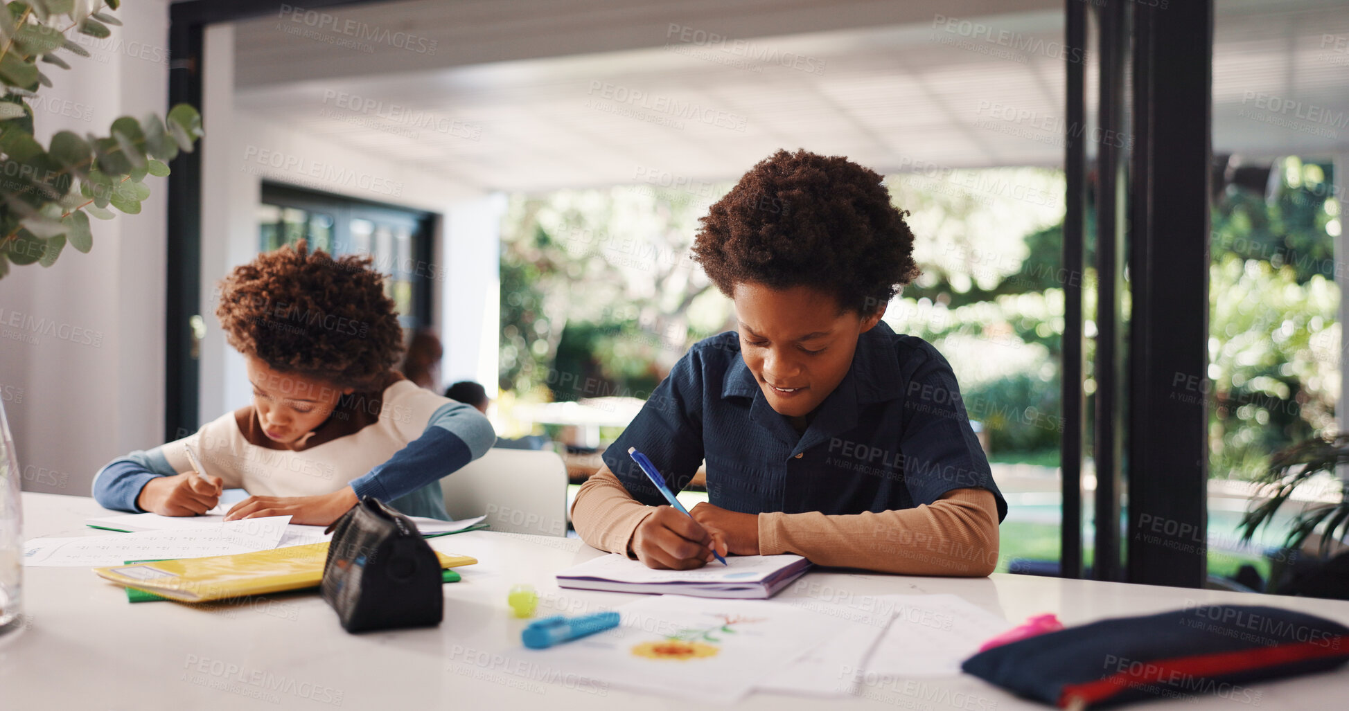 Buy stock photo Drawing, books and children in home with homework for learning, development and knowledge. Family, siblings and kids with paper, stationery and writing for education, studying and project for lesson