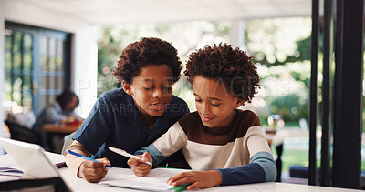 Buy stock photo Book, homework and kids in house with education, learning or studying for test together. Writing, help and boy children with knowledge for school assignment, assessment or exam by desk in apartment.