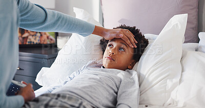Buy stock photo Fever, help and mother with child in bedroom for temperature check, support and healthcare. Virus symptoms, medical care and worry with woman and kid in bed of family home to monitor flu and love