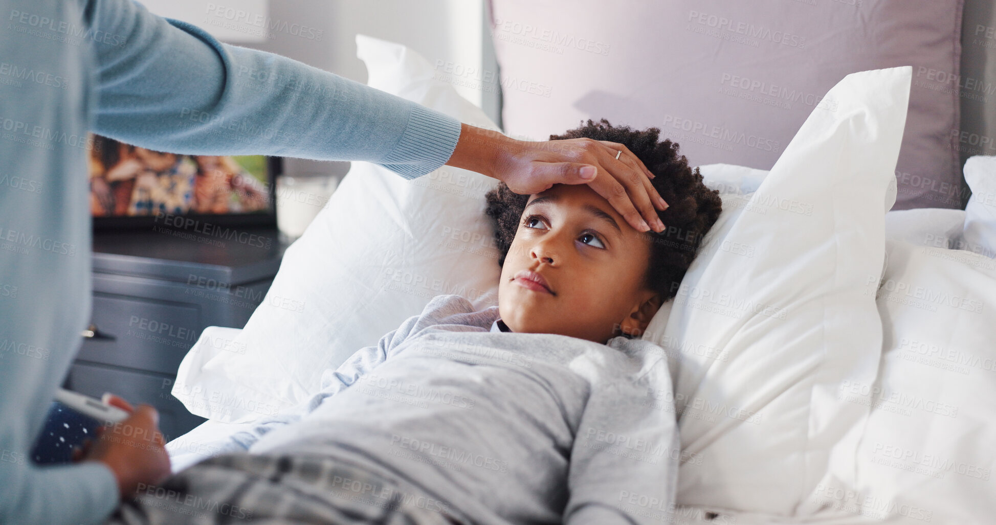 Buy stock photo Fever, help and mother with child in bedroom for temperature check, support and healthcare. Virus symptoms, medical care and worry with woman and kid in bed of family home to monitor flu and love