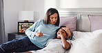 Thermometer, sick and mother with child in bedroom for temperature check, support and healthcare. Virus symptoms, medical care and worry with woman and kid in bed of family home for flu monitor