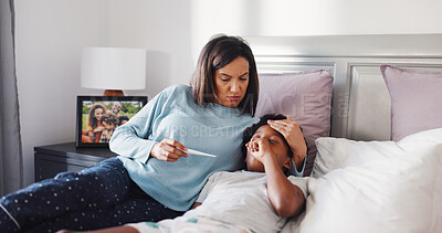 Buy stock photo Thermometer, sick and mother with child in bedroom for temperature check, support and healthcare. Virus symptoms, medical care and worry with woman and kid in bed of family home to monitor flu