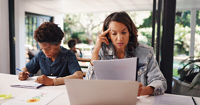 Buy stock photo Mother, stress and boy with remote work, multitasking and documents with review project at house. People, mom and frustrated with admin, child or freelance job with pc at interracial family home