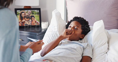 Buy stock photo Cough, sick and mother with child in bedroom for temperature check, support and healthcare. Virus symptoms, medical care and worry with woman and kid with thermometer in family home to monitor flu