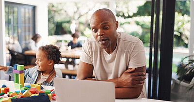 Buy stock photo Video call, laptop and family with man in home for freelancer, virtual conference and multitasking. Online meeting, remote worker and child care with person in apartment for entrepreneur chat