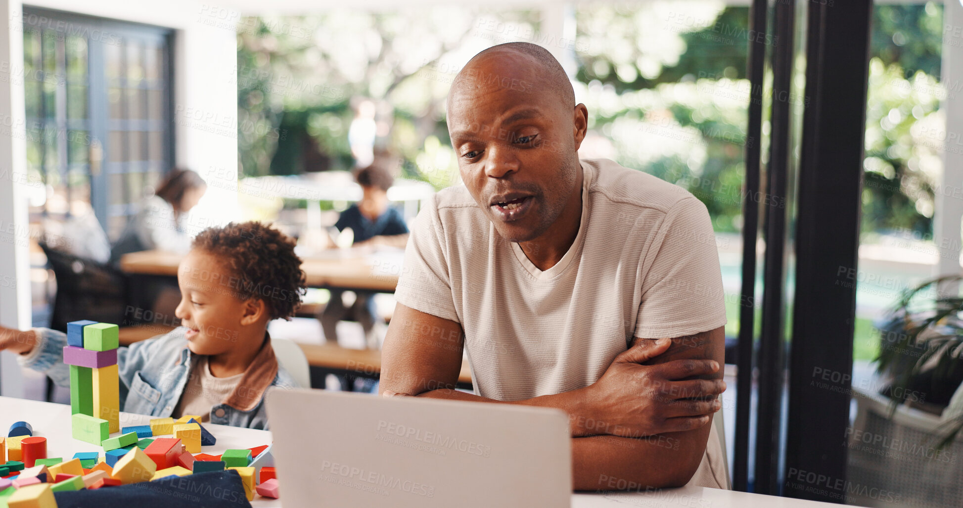 Buy stock photo Video call, laptop and family with man in home for freelancer, virtual conference and multitasking. Online meeting, remote worker and child care with person in apartment for entrepreneur chat