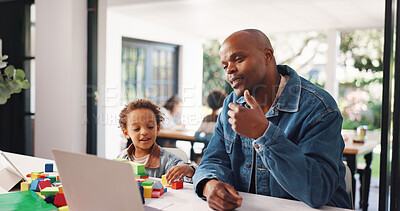 Buy stock photo Father, remote work and boy with video call, multitasking or building blocks with talk at home. African people, dad and child with laptop, virtual meeting and consultation on web at family house