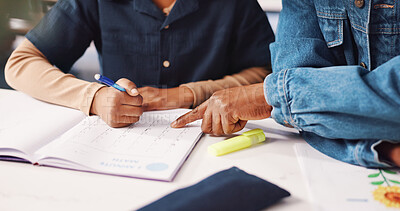 Buy stock photo Hands, person and child for education at house with maths lesson, homework and learning support. Family, help and kid with notebook for elearning, problem solving and advice for calculation solution