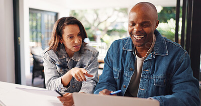Buy stock photo Smile, couple and reading with laptop at house for finance planning, review budget and application. Black people, talking and pc for mortgage, financial loan and asset management of investment report