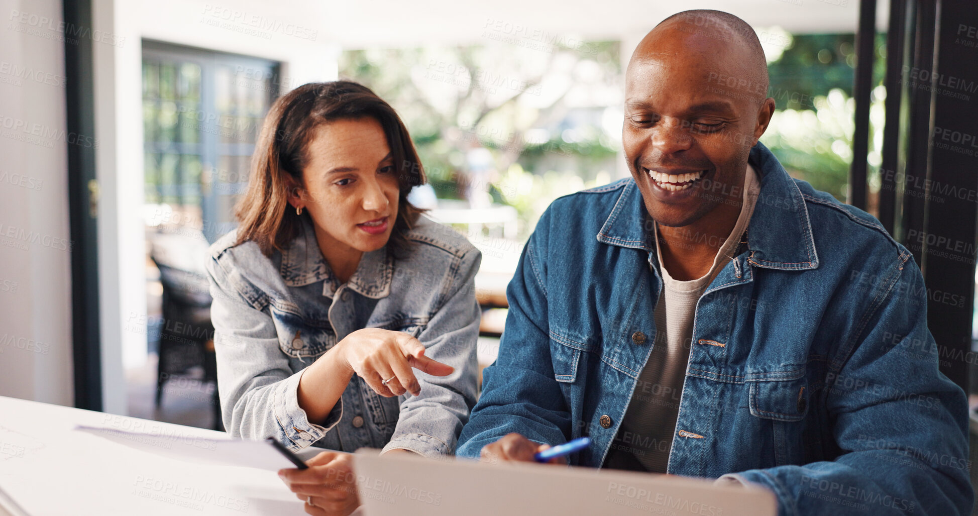 Buy stock photo Smile, couple and reading with laptop at house for finance planning, review budget and application. Black people, talking and pc for mortgage, financial loan and asset management of investment report
