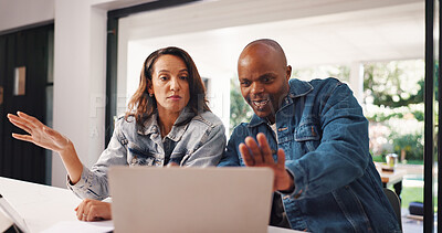 Buy stock photo Happy, couple and reading with laptop at house for finance planning, review budget and application. Black people, talking and pc for mortgage, financial loan and asset management of investment report