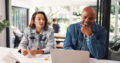 Buy stock photo Online, research and couple with laptop, home and planning for family trip, budget and cost analysis. Happy, man and searching for holiday destination, booking and interracial marriage with woman