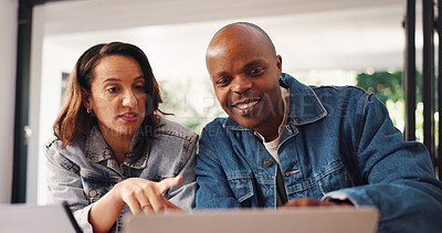 Buy stock photo Happy, couple and pointing to laptop at house for finance planning, review budget and application. Black people, talking and pc for mortgage, financial loan and asset management of investment report