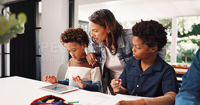 Buy stock photo Tablet, homework and mom with children in home for online learning, development and knowledge. Family, parent and kids with paper, digital tech and website for education, studying and assignment