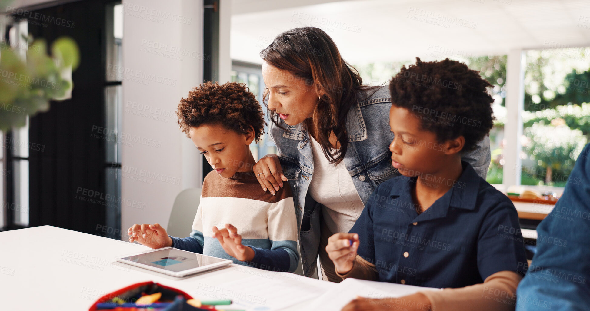 Buy stock photo Tablet, homework and mom with children in home for online learning, development and knowledge. Family, parent and kids with paper, digital tech and website for education, studying and assignment