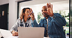 Happy, couple and talking laptop at house for finance planning, review budget and application. Black people, hand gesture and pc for mortgage, financial loan and asset management of investment report