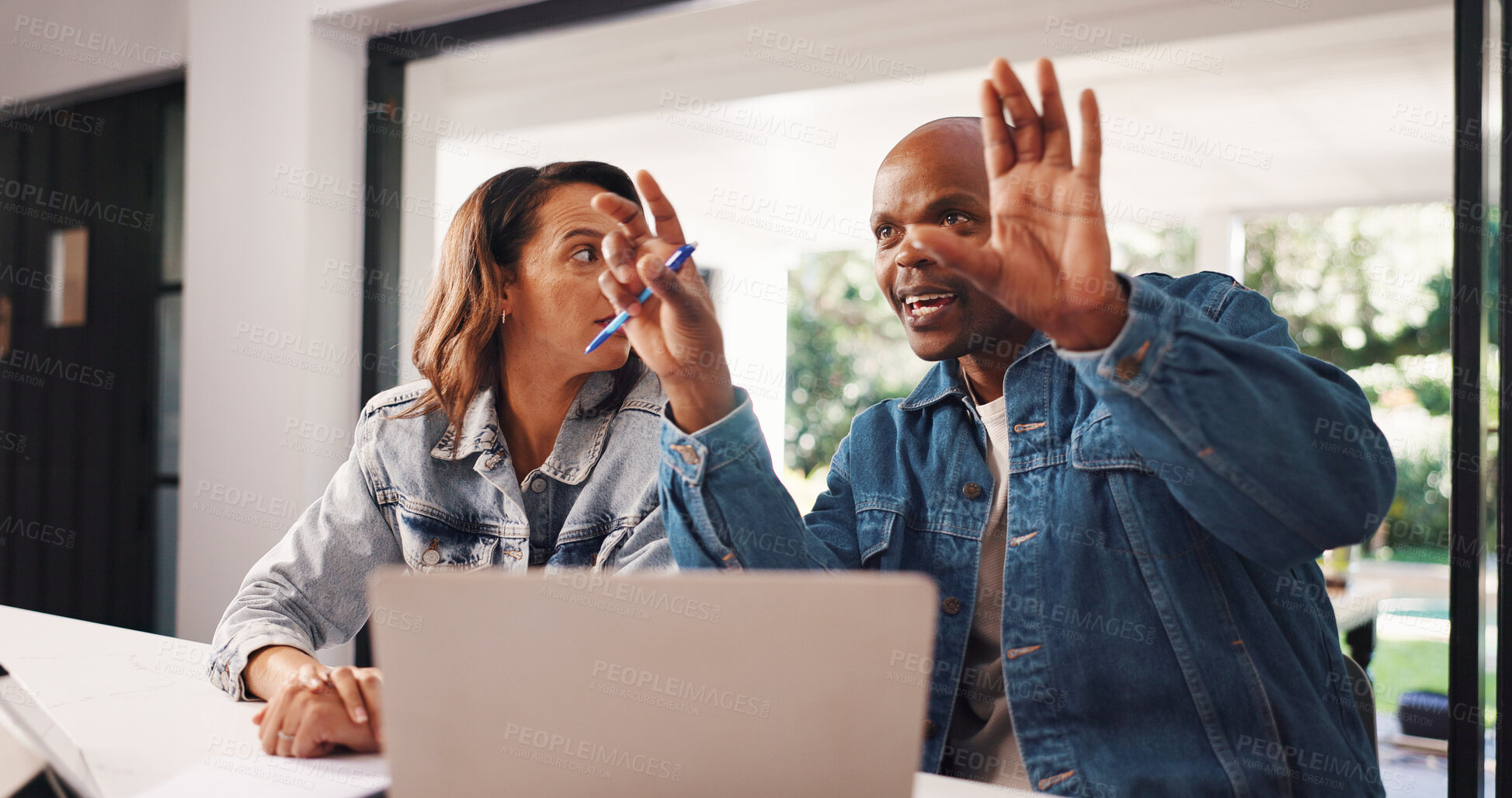 Buy stock photo Happy, couple and talking laptop at house for finance planning, review budget and application. Black people, hand gesture and pc for mortgage, financial loan and asset management of investment report