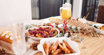 Buy stock photo Food, Christmas or dinner for party at house, holiday meal or feast with vegetable sides and bread. Table, xmas tradition and cuisine with roast salad supper for celebration, event and festive decor