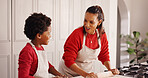 Learning, mother and kid with baking in kitchen for holiday cookies, teaching recipe and help. African family, woman or child with rolling pin in home for dough preparation, weekend snacks or bonding