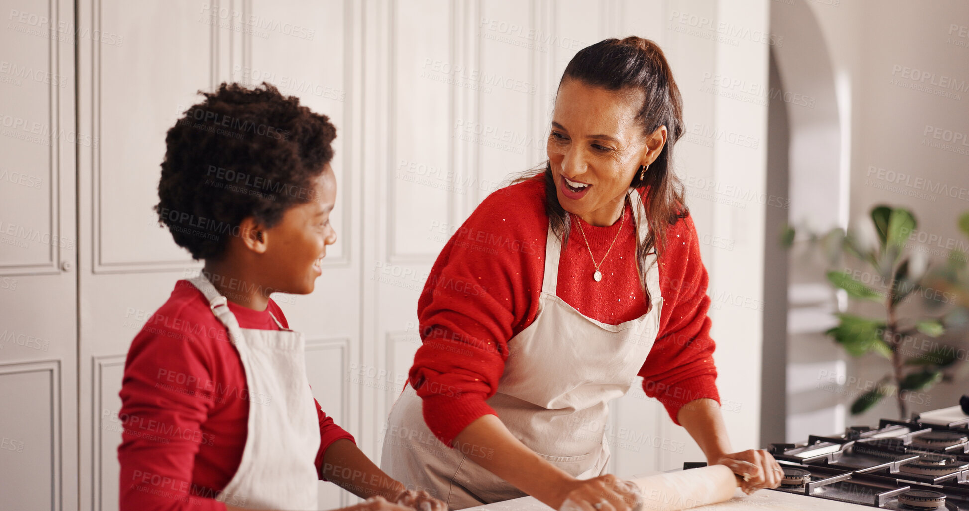 Buy stock photo Learning, mother and kid with baking in kitchen for holiday cookies, teaching recipe and help. African family, woman or child with rolling pin in home for dough preparation, weekend snacks or bonding