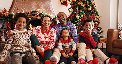 Buy stock photo Happy, family and portrait for Christmas, home and picture on December holiday, bonding and together. Interracial, man and woman with children on Xmas, celebration and photography for festive season
