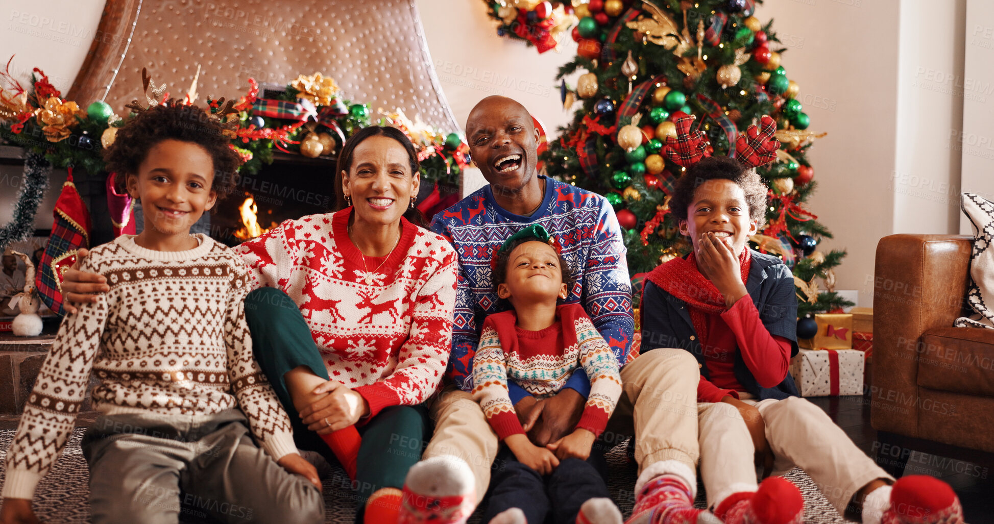Buy stock photo Happy, family and portrait for Christmas, home and picture on December holiday, bonding and together. Interracial, man and woman with children on Xmas, celebration and photography for festive season