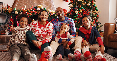 Buy stock photo Family, laugh and portrait for Christmas, home and people on December holiday, bonding and together. Interracial, man and woman with children on Xmas, love and celebration for festive season in house