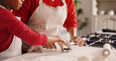 Buy stock photo Hands, parent and child with baking in kitchen for biscuit recipe, culinary skills and help. Family, people and cookie cutter with learning in home for dough preparation, weekend snack or development