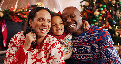 Buy stock photo Laughing, family and selfie for Christmas, home and bonding on December holiday, happy and together. Interracial, man and woman with child on Xmas, celebration and photography for festive season