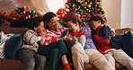 Christmas, children and parents with laugh, tree and love in living room of house together. Joke, smile and man with woman or family for xmas holiday, vacation bonding and festive season or tradition