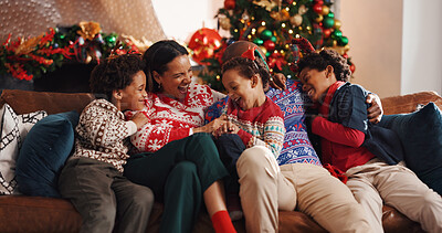 Buy stock photo Christmas, children and parents with laugh, tree and love in living room of house together. Joke, smile and man with woman or family for xmas holiday, vacation bonding and festive season or tradition