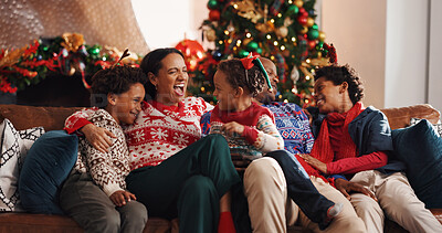 Buy stock photo Christmas, children and family with laugh, tree and love in living room of house together. Joke, smile and man with woman or parents for xmas holiday, vacation bonding and festive season or tradition