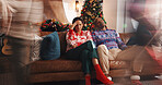 Christmas, home and couple with stress, tired and exhausted with burnout, speed and headache. Xmas, man and woman on couch, tradition and tension with pressure, festive season and relationship