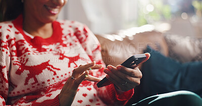 Buy stock photo Christmas, home and woman on sofa with phone, online shopping and festive smile in lounge. Xmas, person and vacation on couch with tech, holiday season and internet sale or deal with website info