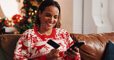 Buy stock photo Woman, smartphone and online shopping with credit card, Christmas or happy for discount offer on web. Browsing, ecommerce and person with mobile for festive season, home and searching for Xmas sale