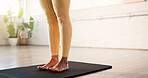 Fitness, yoga and legs of woman in studio for health, wellness or balance with workout in morning. Feet, yogi and female person with pilates exercise on mat for flexibility with posture in gym.