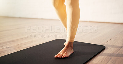 Buy stock photo Fitness, yoga and feet of woman in studio for health, wellness or balance with practice in morning. Legs, yogi and female person with pilates exercise on mat for self care with posture in gym.