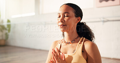 Buy stock photo Woman, namaste and meditation for yoga in studio with zen, spiritual awareness and holistic healing. Female person, prayer pose and mindfulness with inner peace, balance and session for mental health