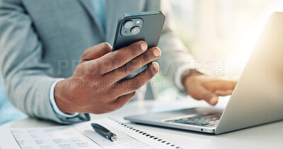 Buy stock photo Hands, phone and business man with laptop for accounting, tax report or financial notification. Computer, mobile and accountant in office with email for audit review, payroll information and budget