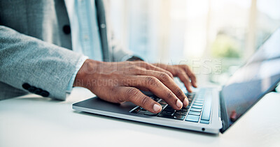 Buy stock photo Typing, hands and research with laptop in office, accountant and info for tax preparation on website. Data entry, online and person with technology for financial records, audit and filing returns