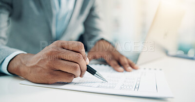 Buy stock photo Documents, hands and reading with business man at desk in office for administration or review. Flare, paperwork and writing with corporate employee in professional workplace for data analysis
