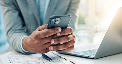 Buy stock photo Hands, smartphone and business man in company for accounting, tax report or financial notification. Person, mobile and accountant in office with email for audit review, payroll information and budget