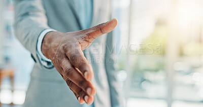 Buy stock photo Handshake, thank you and welcome with business man in office for collaboration or partnership. Agreement, deal and flare with employee person shaking hands in corporate workplace for b2b success