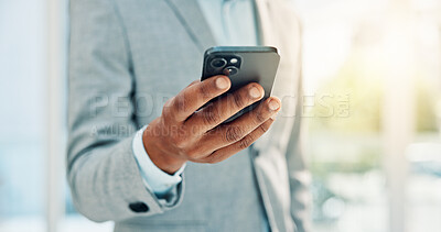 Buy stock photo Hands, business and man with phone in office for research, stock market and trading online. Male person, mobile and reading for cryptocurrency, exchange rates and economic update for investment forum
